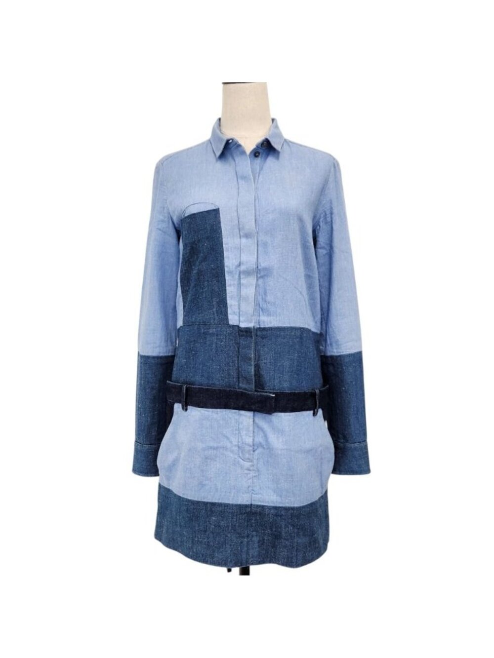 Celine Phoebe Philo Era Pattern Contrast Denim Shirt Dress Indigo Blue Long 38